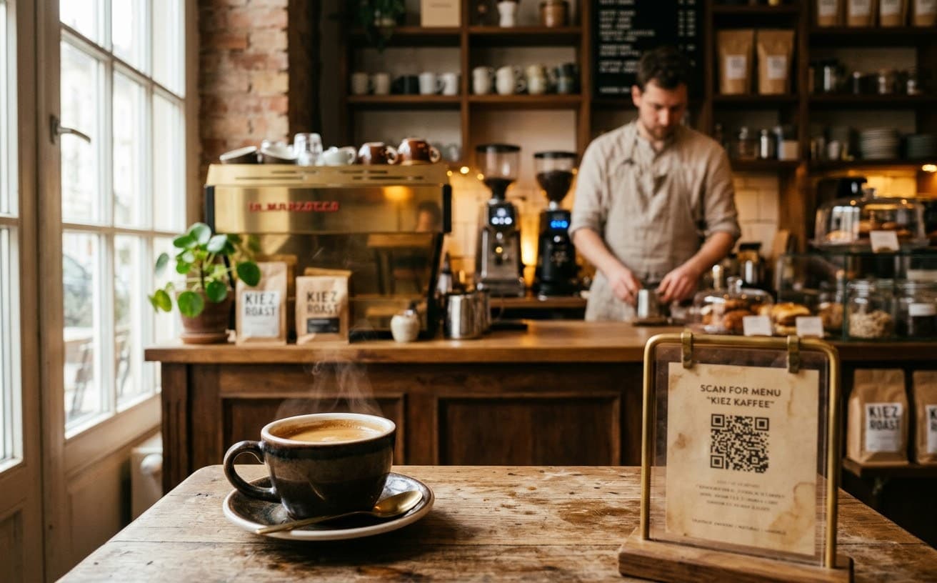 Einladendes Cafe mit Tresen und frisch zubereitetem Kaffee