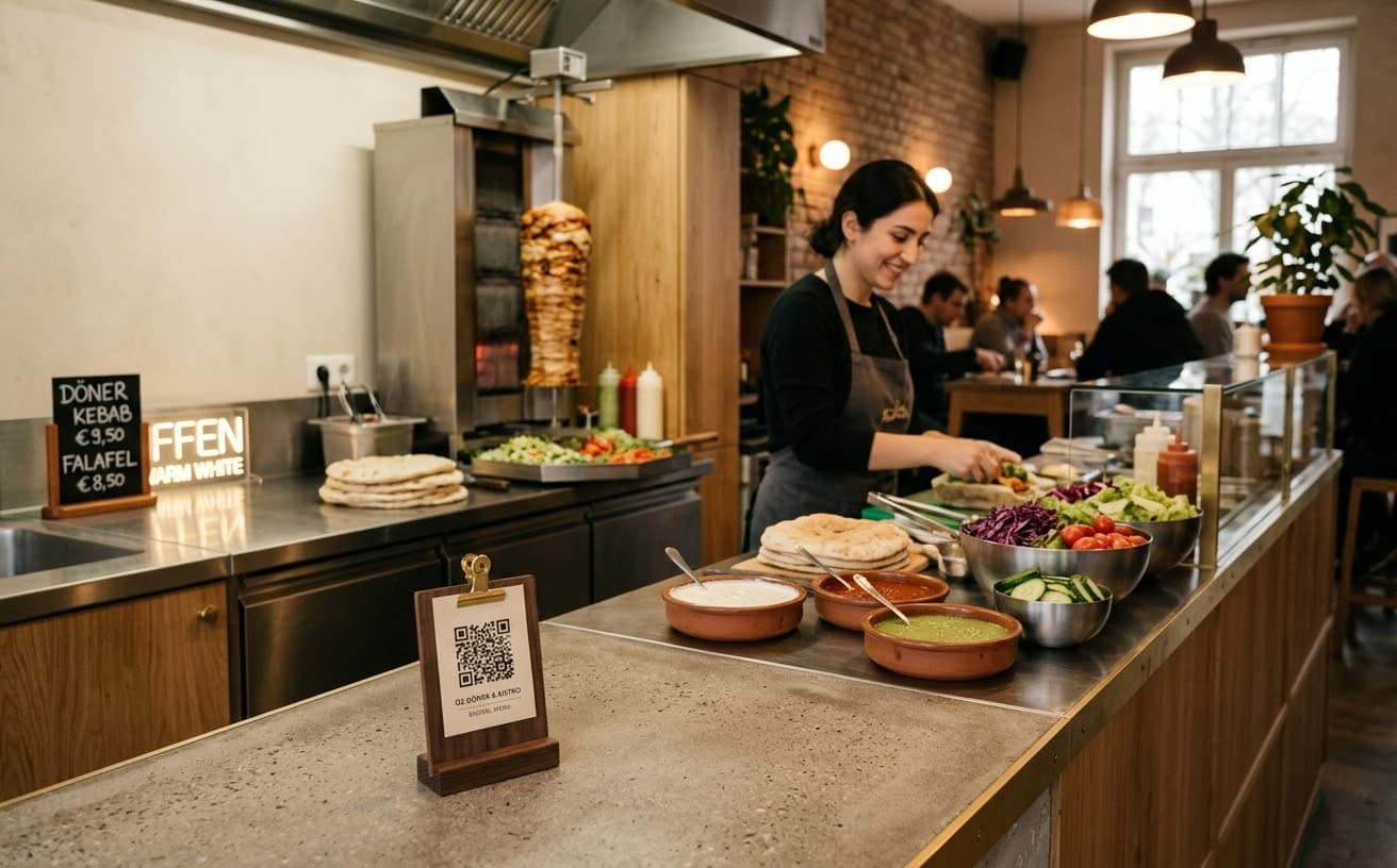 Moderne, saubere Imbiss-Theke mit QR-Aufsteller